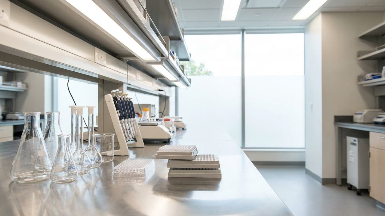 Paillasse de laboratoire, verrerie et éclairage clinique.