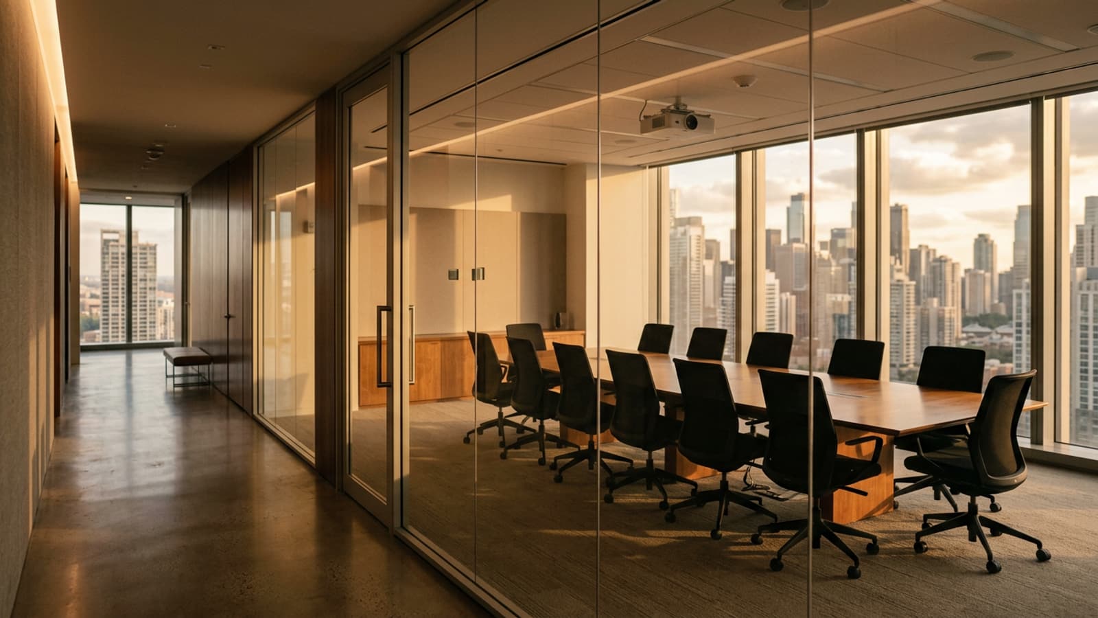 Glass-walled meeting room overlooking a business district in late-day light.