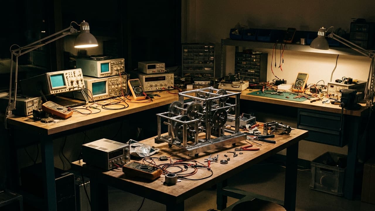 Atelier d’ingénierie, bancs d’essai et éclairage rasant.